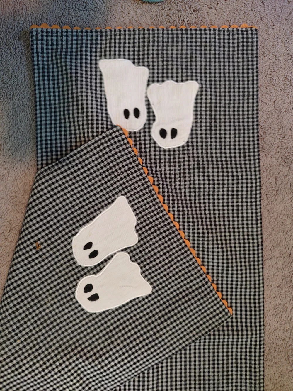 Halloween Table Runner Black & White Gingham w/ Ghost Appliqué
